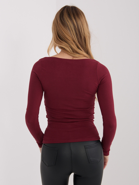 Bordowa krótka bluzka basic z długim rękawem