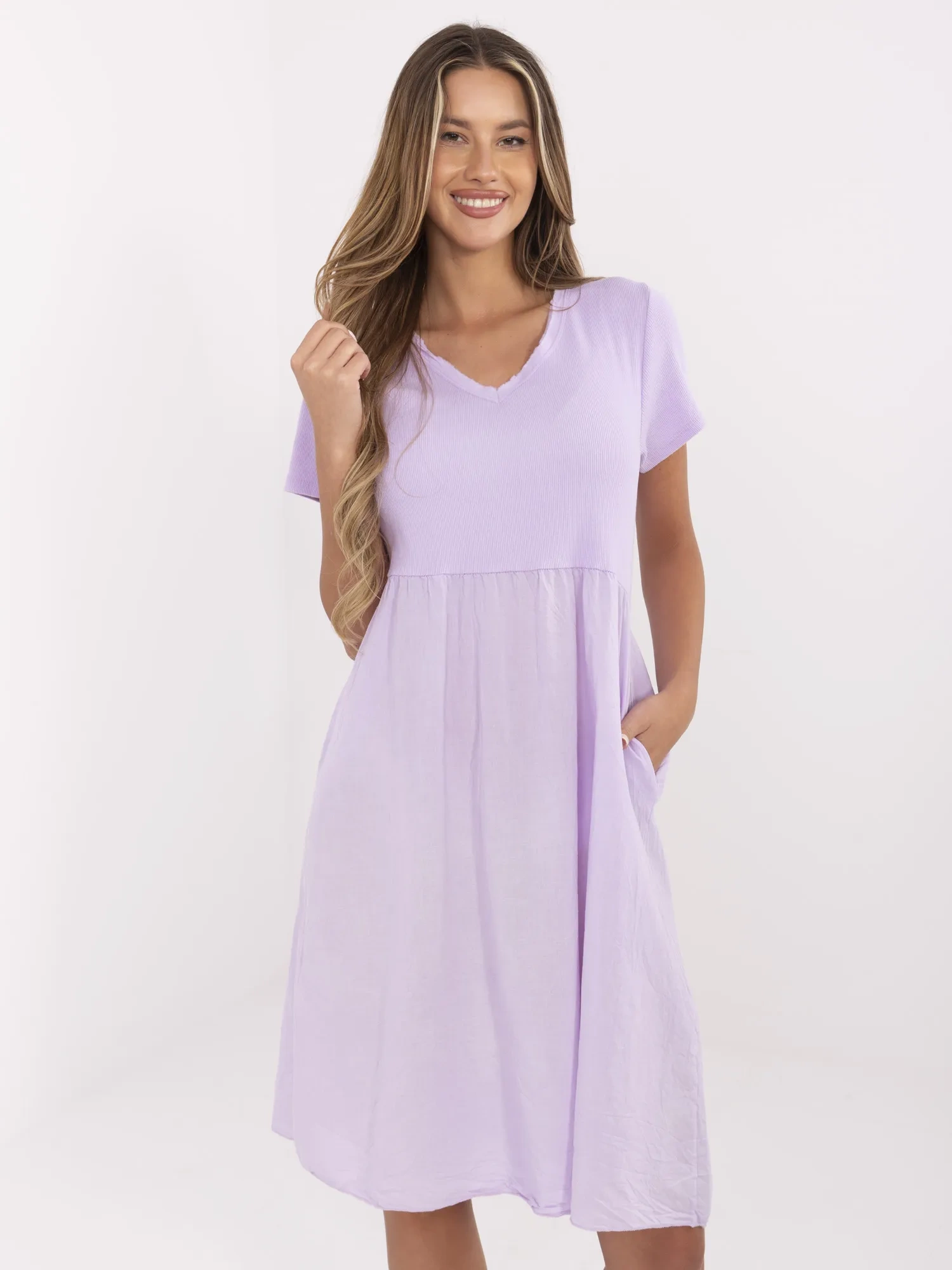 Light purple dress with a V-neck.
