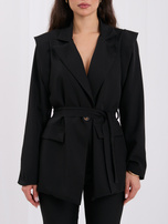 Black women's blazer with a fabric belt.