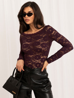 Dark purple lace blouse with a boat neckline.