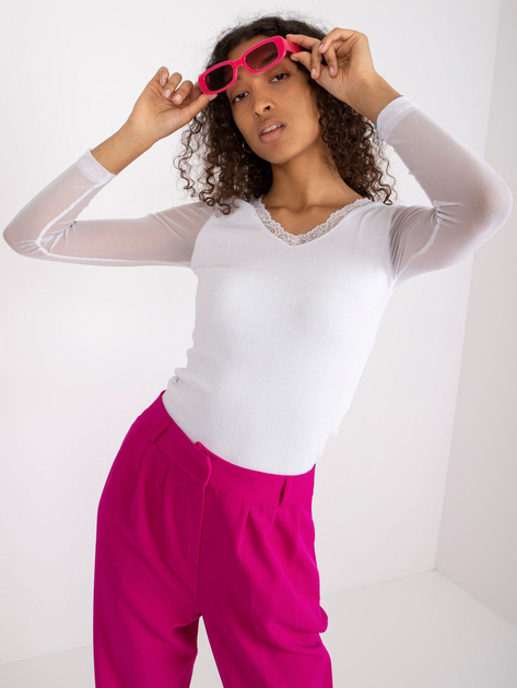 Biała prążkowana bluzka z koronką i długim rękawem RUE PARIS