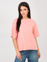 Brzoskwiniowy t-shirt basic z okrągłym dekoltem RUE PARIS 