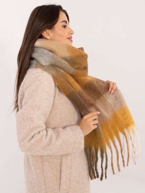 Hurtownia Brązowo-ciemnożółty zimowy szal w kratę