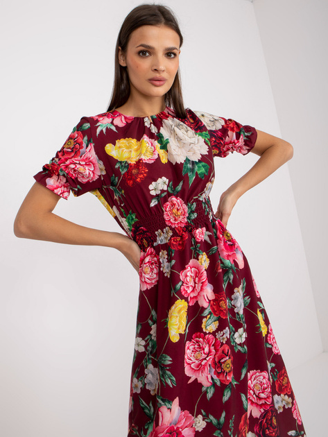 Bordowa sukienka w kwiaty o długości midi Melani