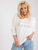 Ecru bawełniana bluzka plus size ze srebrną aplikacją 