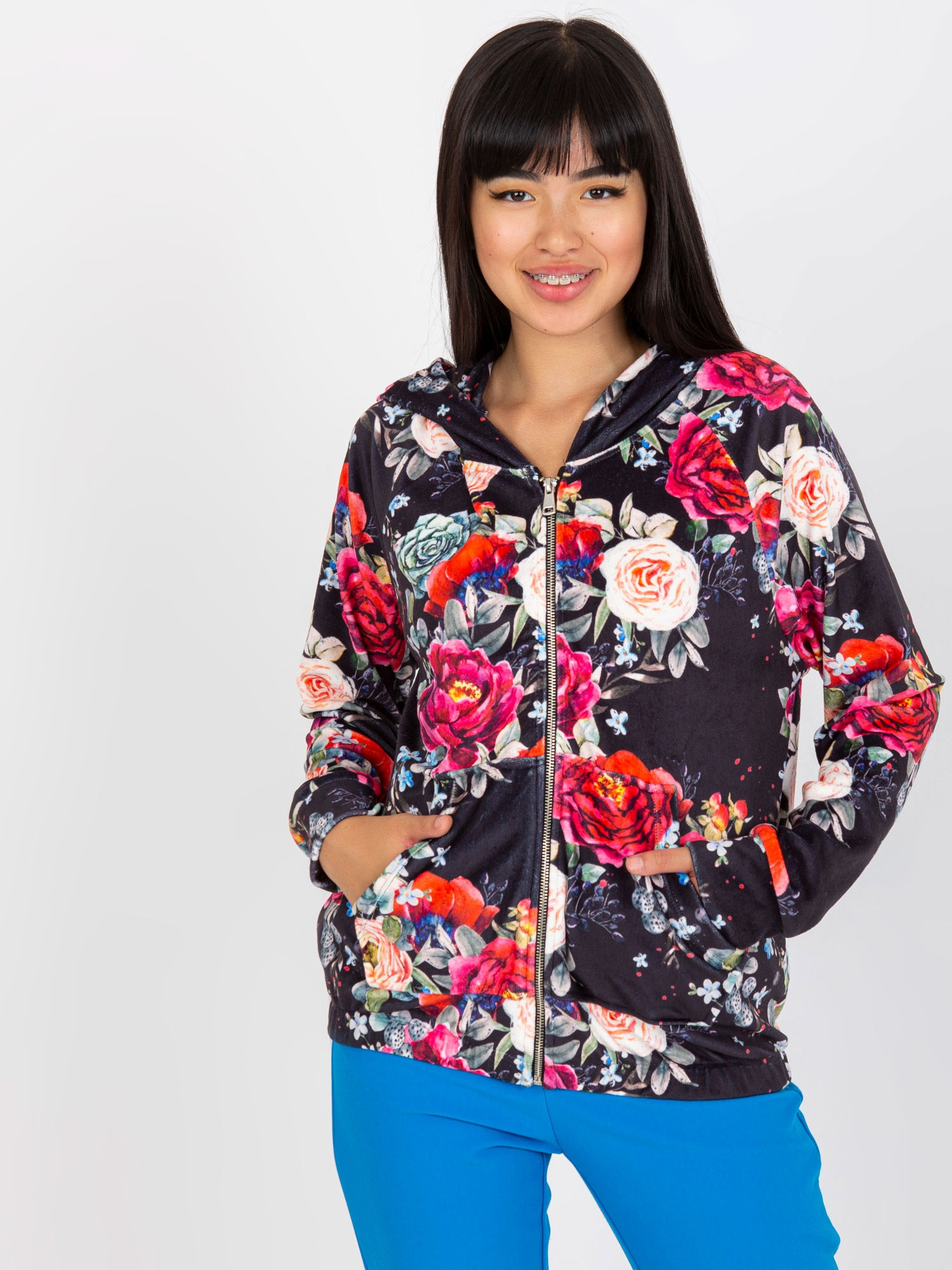 Großhandel Schwarze Veloursjacke mit Druck RUE PARIS.