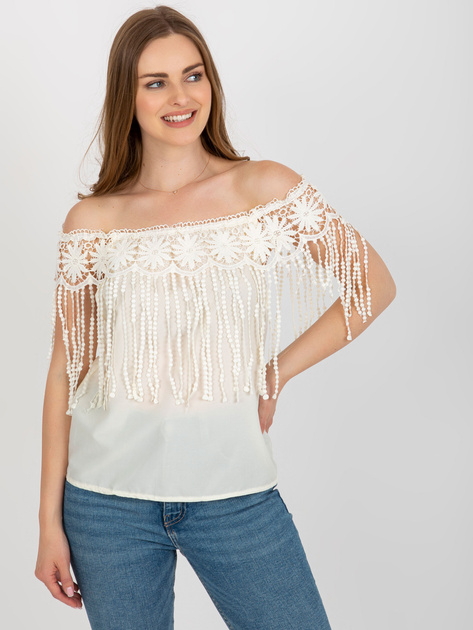 Hurt Jasnobeżowa letnia bluzka hiszpanka z koronką