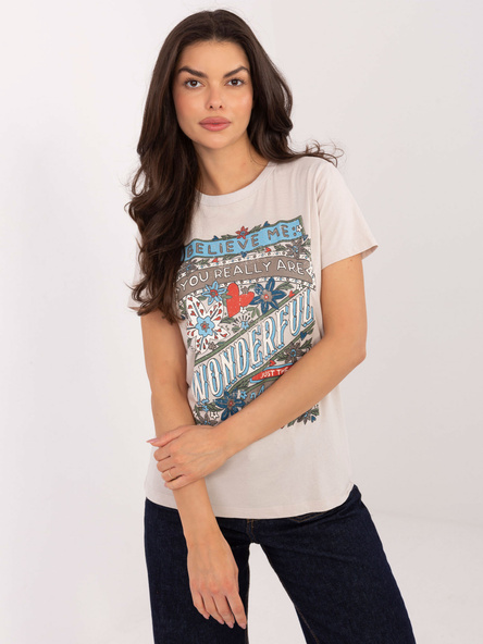 Jasnobeżowy bawełniany t-shirt z nadrukiem