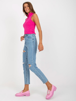 Hurtownia Niebieskie damskie jeansy mom z dziurami