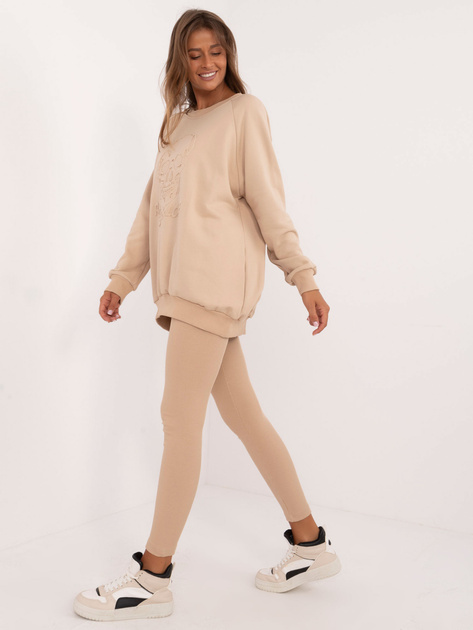 Hurt Beżowy komplet dresowy z legginsami w prążek