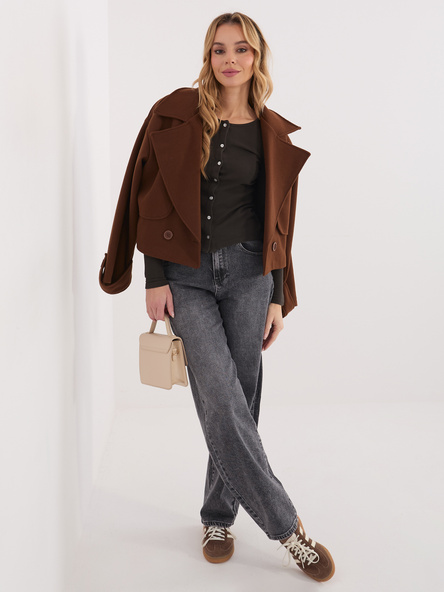 Czekoladowa krótka bluzka basic z guzikami