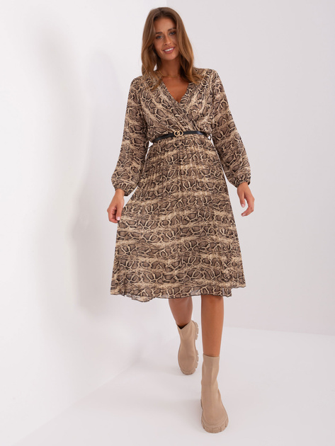 Hurt Beżowo-czarna rozkloszowana sukienka z printem