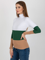 Hurtownia Biało-ciemnozielona bluzka basic z golfem w prążek