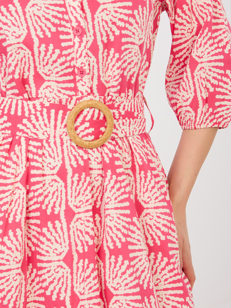 Koralowa wzorzysta sukienka z bufiastym rękawem SUBLEVEL