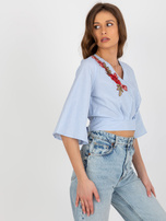 Hurt light blue and white short dressy striped blouse.