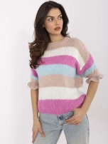 Hurt hellrosa-weißer Damenpullover mit bunten Streifen.