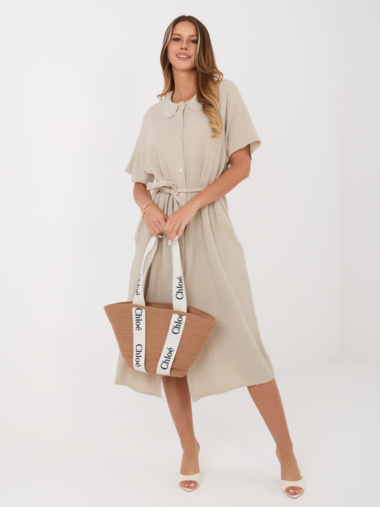 Beżowa koszulowa sukienka z muślinu 