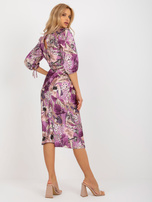 Hurt Fioletowa midi sukienka koktajlowa w kwiaty z wiązaniem