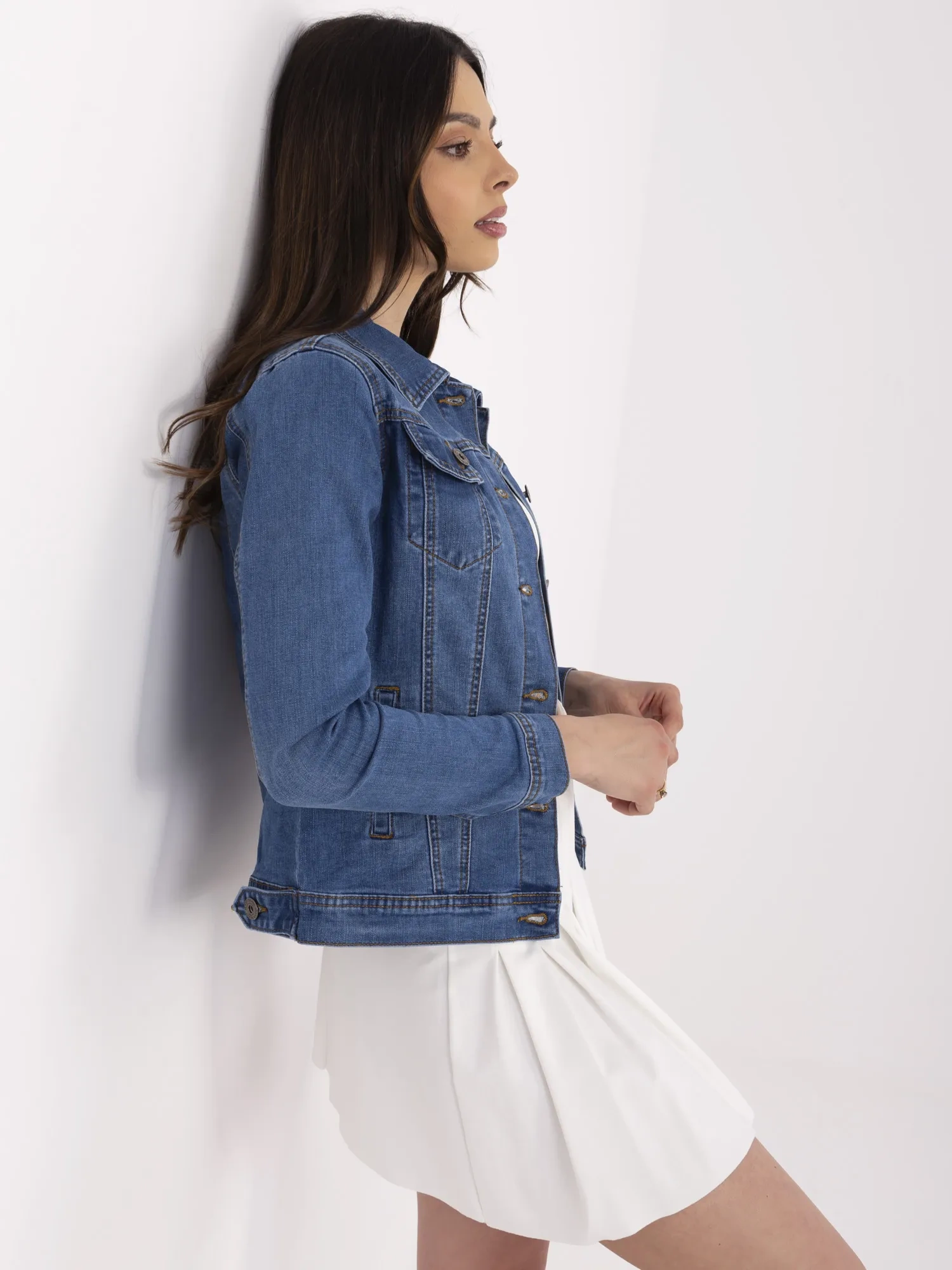 Blue women's denim jacket with a collar.