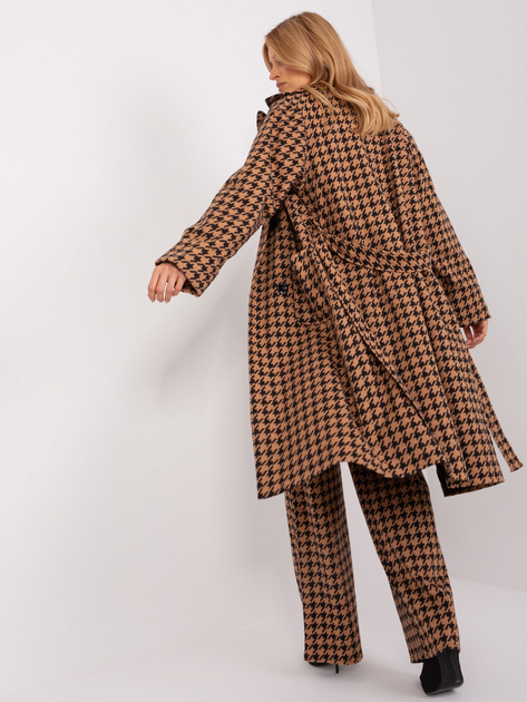 Hurt Camelowo-czarny długi płaszcz z paskiem