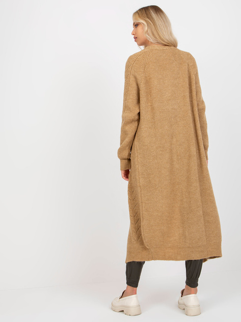 Hurtownia Camelowy maxi kardigan z ażurowym wzorem