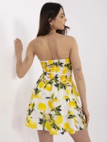 Ecru-żółta letnia sukienka z wiązanym dekoltem 