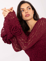Burgundowa koronkowa bluzka z rękawem typu dzwon