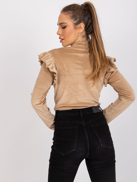 Ciemnobeżowa bluzka welurowa z falbanami Eugenie