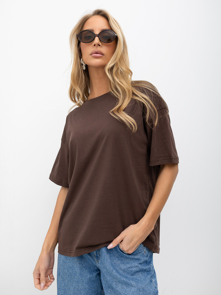 Brązowy damski t-shirt basic o kroju oversize