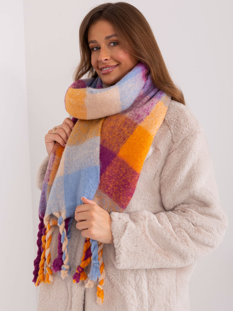 Hurt Fioletowo-pomarańczowy damski szeroki szal w kratę