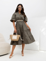 Khaki midi sukienka z bufiastymi rękawami