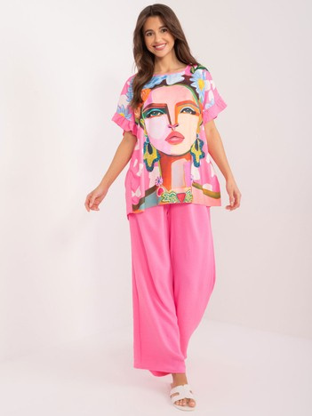 Hurt Różowy damski komplet letni z falbankami