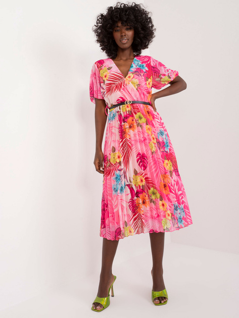 Hurt Różowa sukienka we wzory z krótkim rękawem