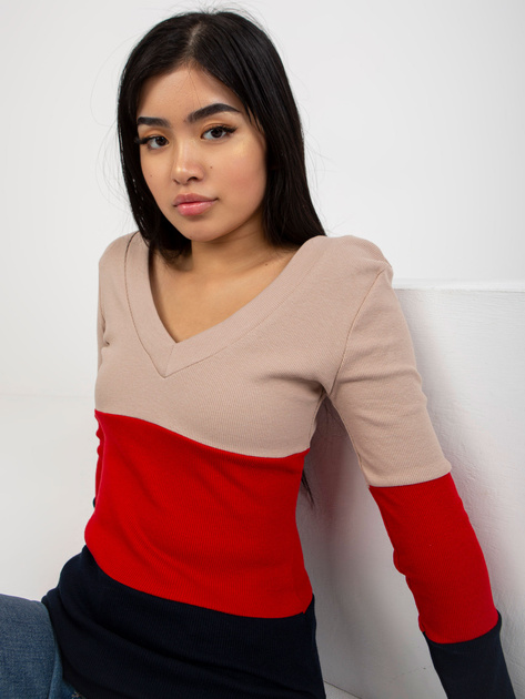 Hurt Beżowo-granatowa damska bluzka basic w prążek RUE PARIS