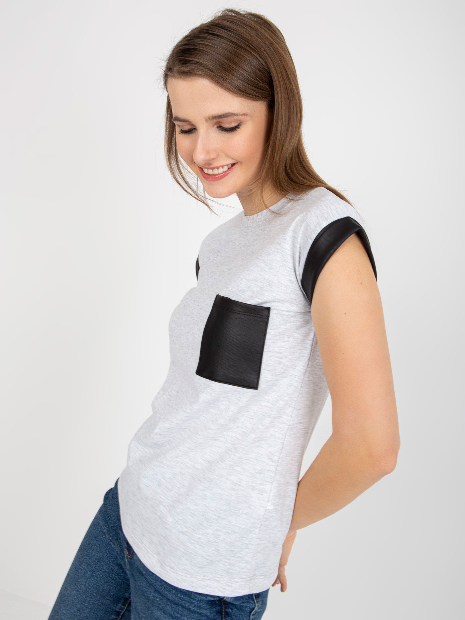 Hurt Jasnoszary melanżowy bawełniany t-shirt z kieszenią 