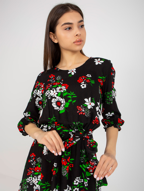 Hurt Czarna rozkloszowana sukienka w kwiaty z paskiem