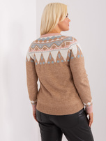 Dunkelbeige Damen-Pullover in Übergröße mit Mustern.