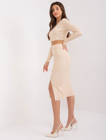 Hurt Beżowy komplet z kopertowym swetrem