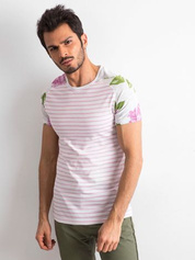 Biało-różowy t-shirt męski z nadrukami