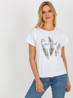 Hurt Biała bluzka z błyszczącym nadrukiem RUE PARIS