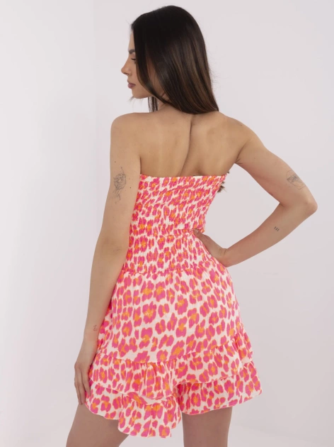 Fluo różowo-pomarańczowy muślinowy kombinezon z falbanami