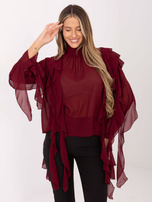 Burgundowa damska bluzka z kaskadowymi falbanami