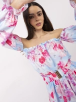 Niebiesko-różowa sukienka hiszpanka z paskiem