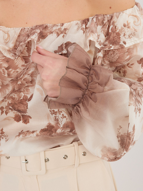 Beżowa elegancka bluzka z bufiastym rękawem