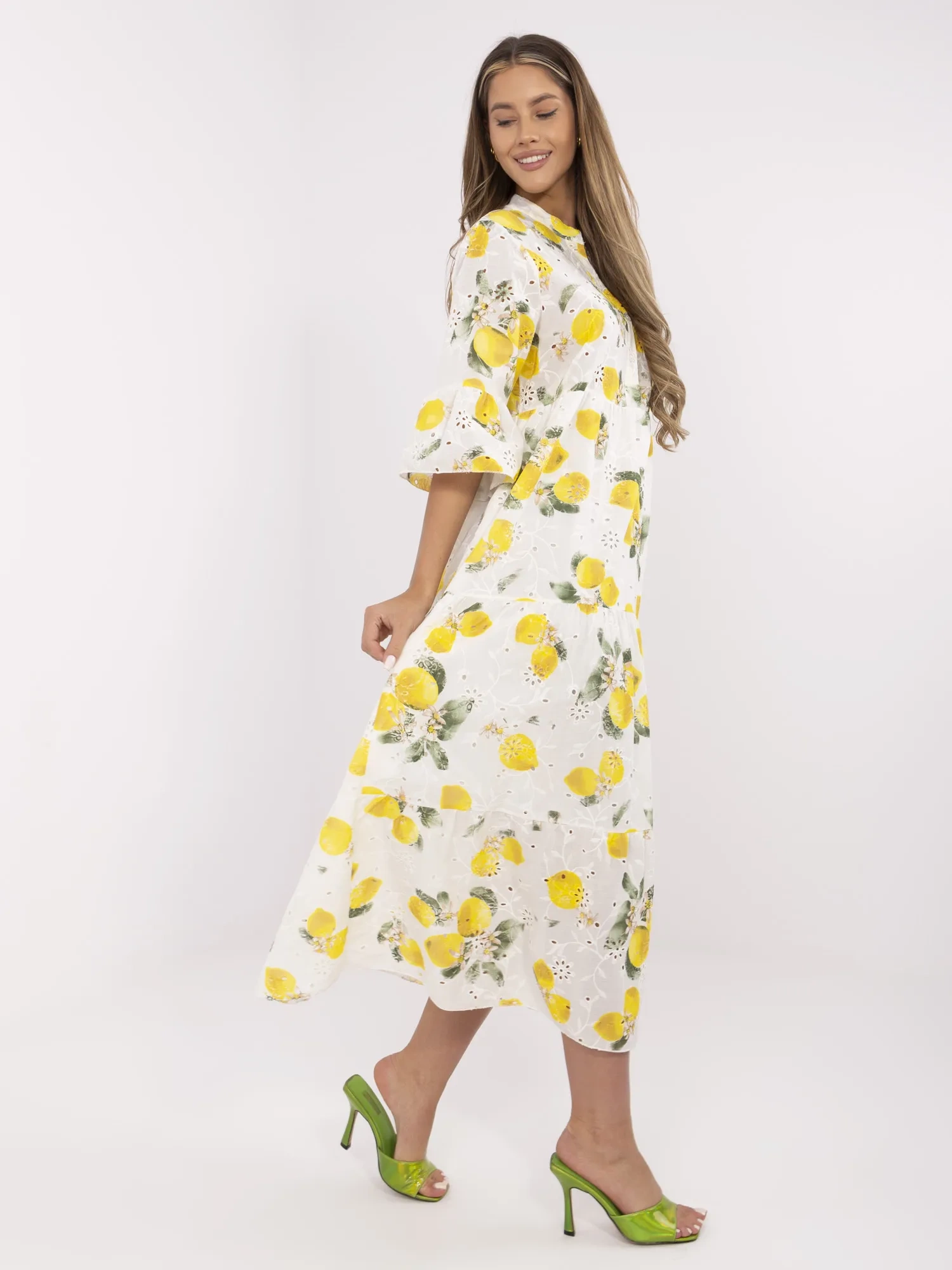 Ecru-yellow oversized maxi dress with ruffle.