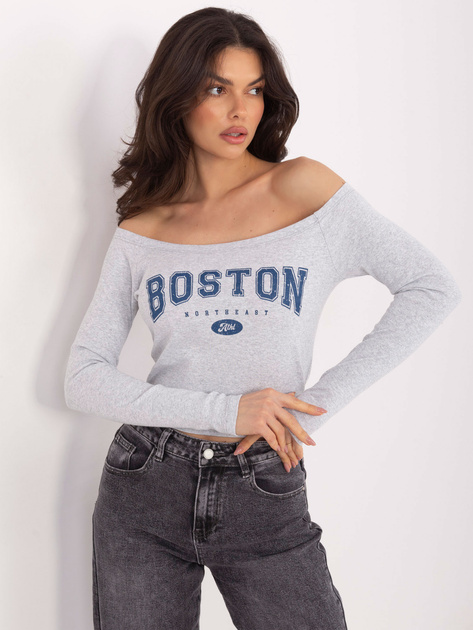 Jasnoszara bluzka hiszpanka z napisem Boston