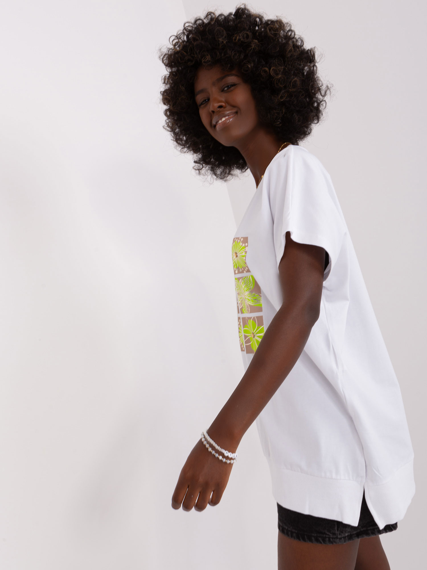 White and lime blouse with print and slits