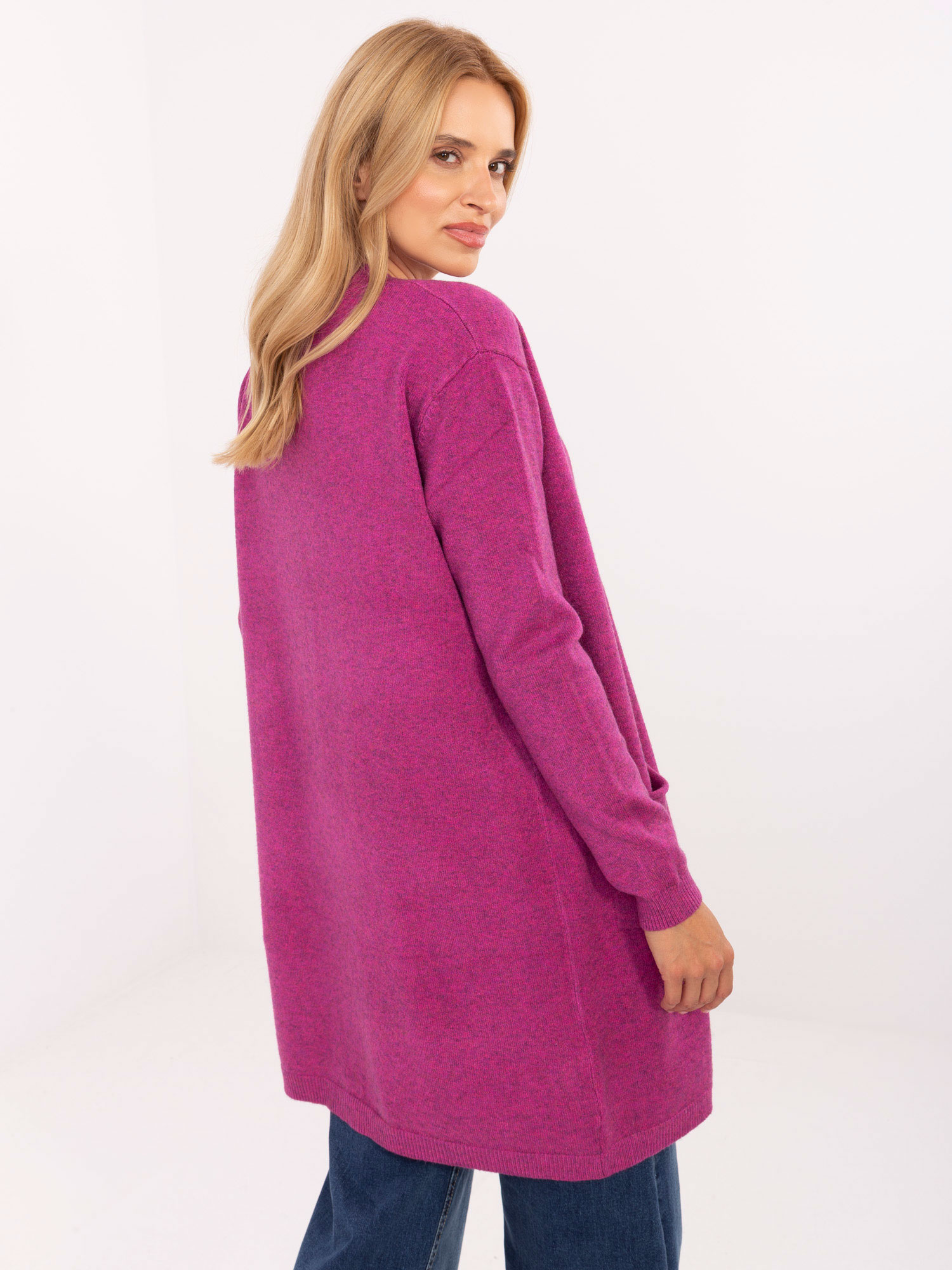 Fuchsia cardigan with long sleeves.
