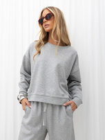Gray insulated basic set with wide leg pants.