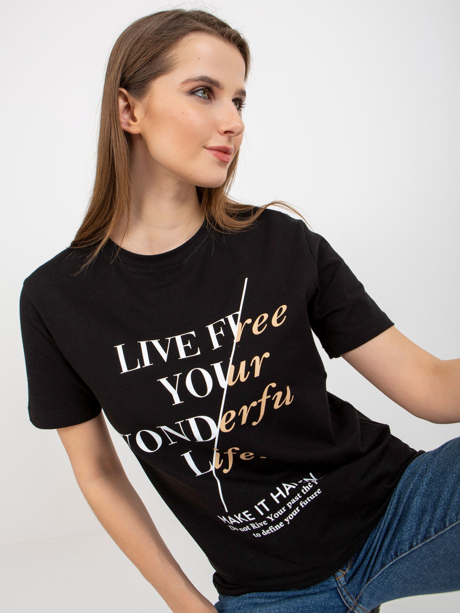 Hurt Czarny damski t-shirt z napisami i okrągłym dekoltem